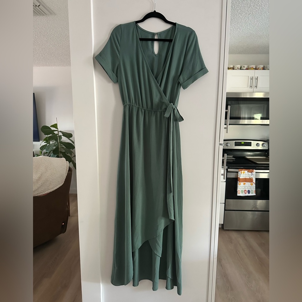 Blue Green Wrap High-Low Maxi Dress